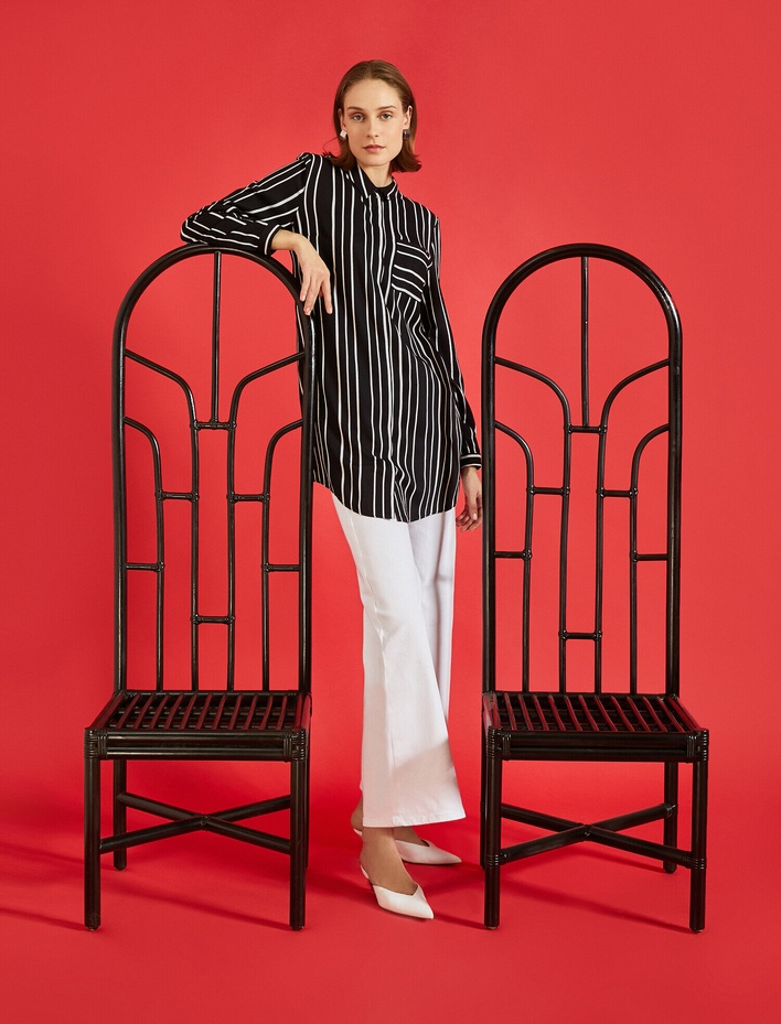  Klasik Yaka Uzun Kollu Çizgili Tunik