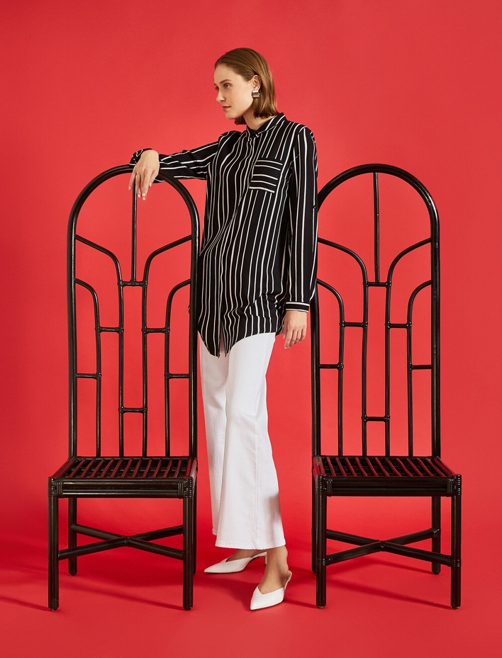  Klasik Yaka Uzun Kollu Çizgili Tunik