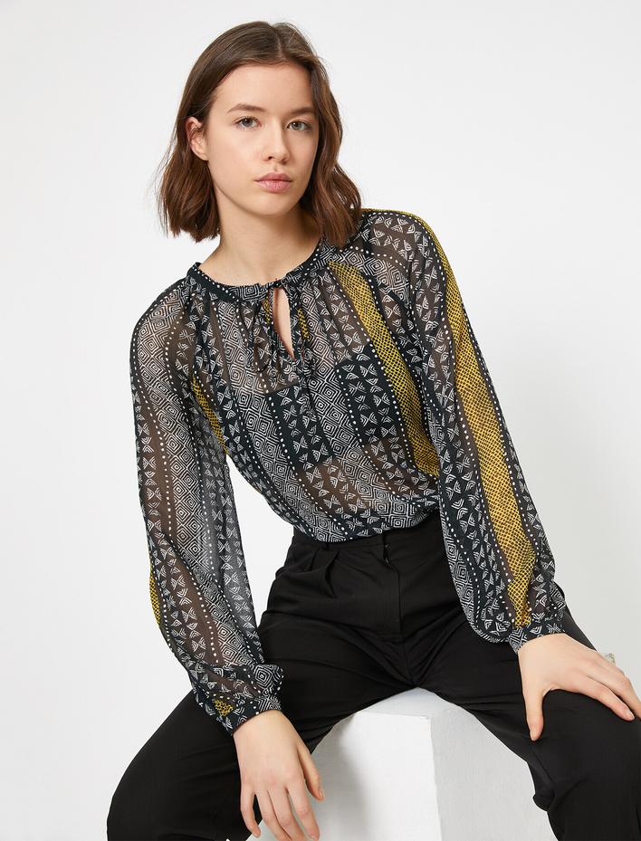  Uzun Kollu Desenli Şifon Bluz