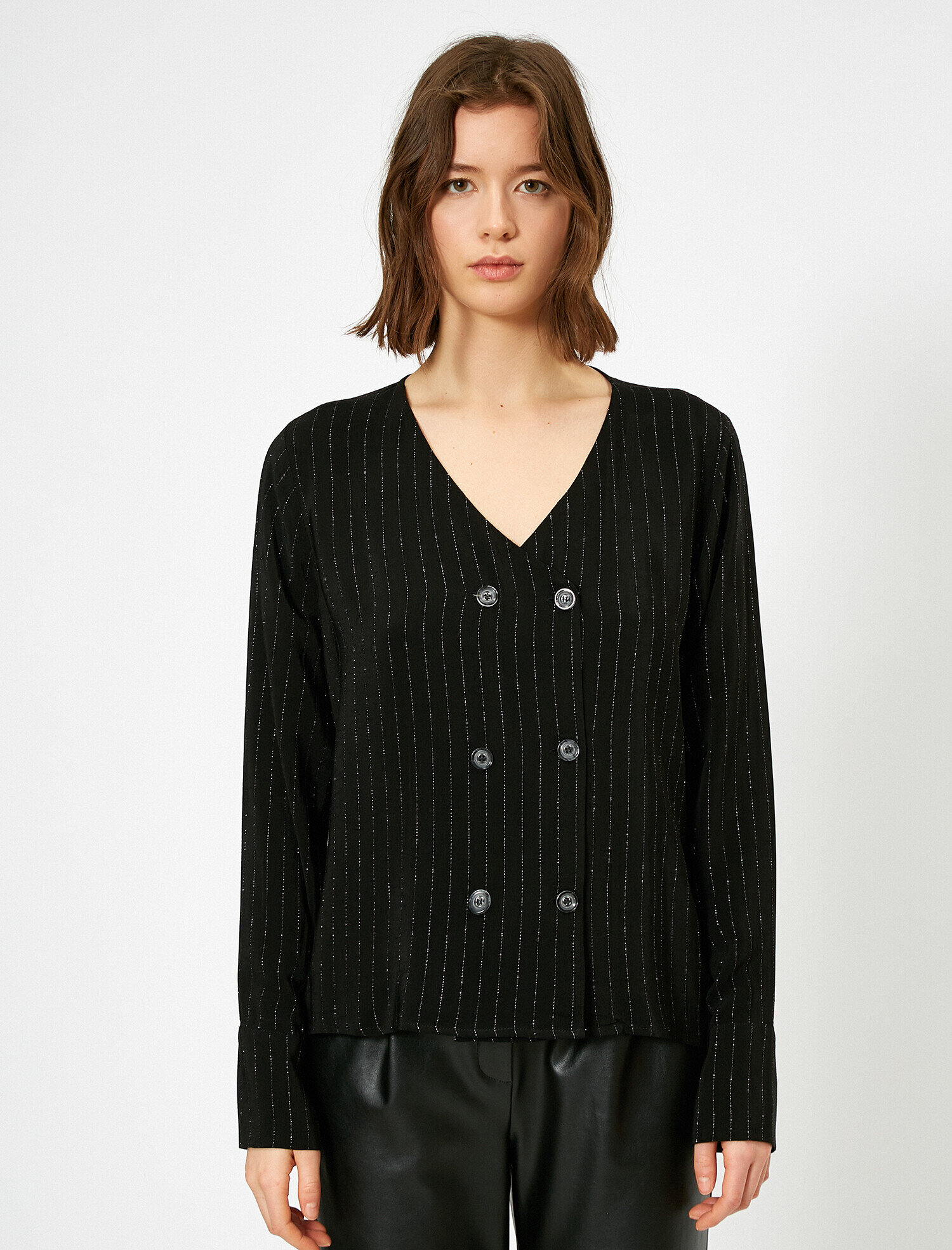 Parlak Çizgili Düğme Detaylı Gömlek