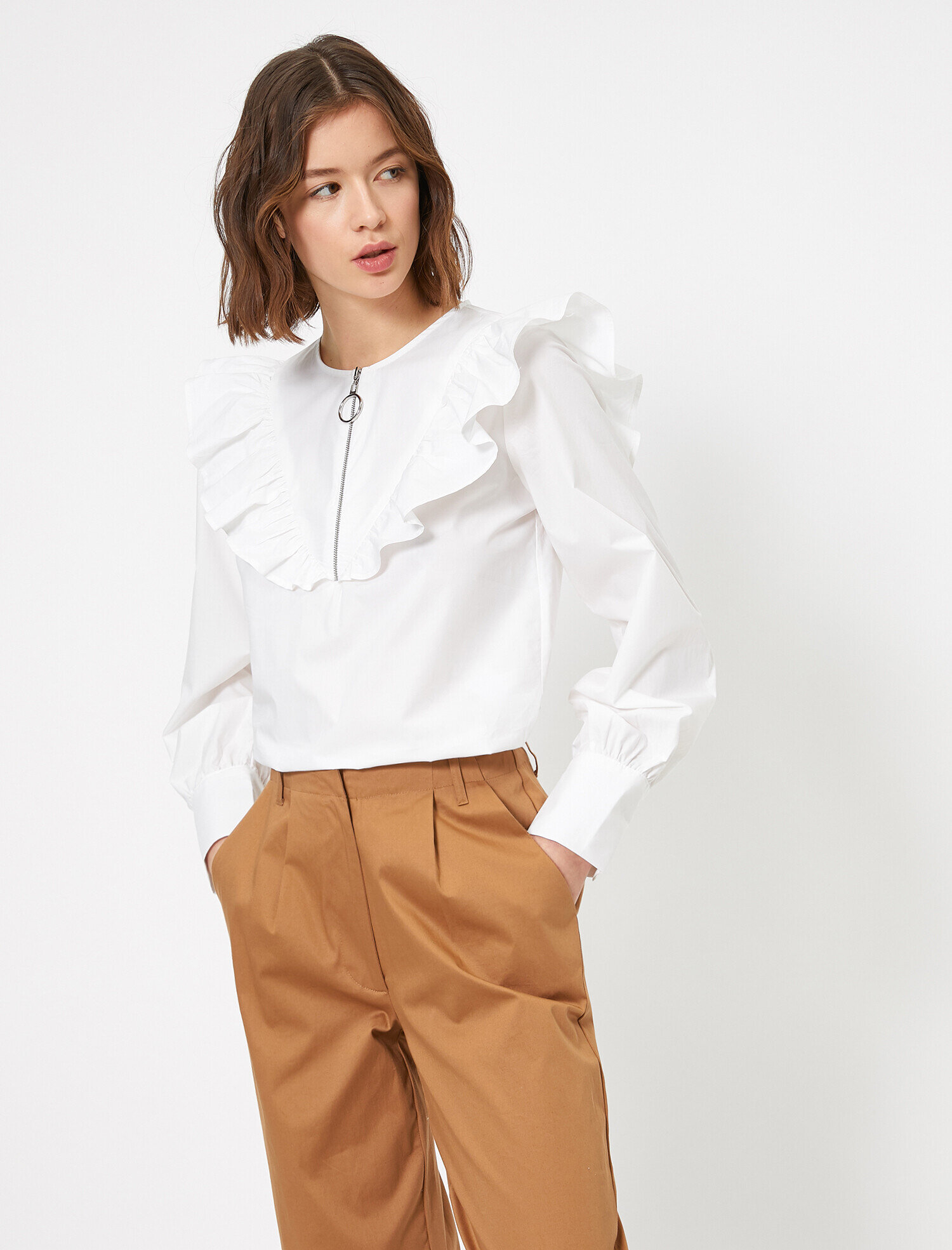 Fermuar Detaylı Volanlı Poplin Bluz