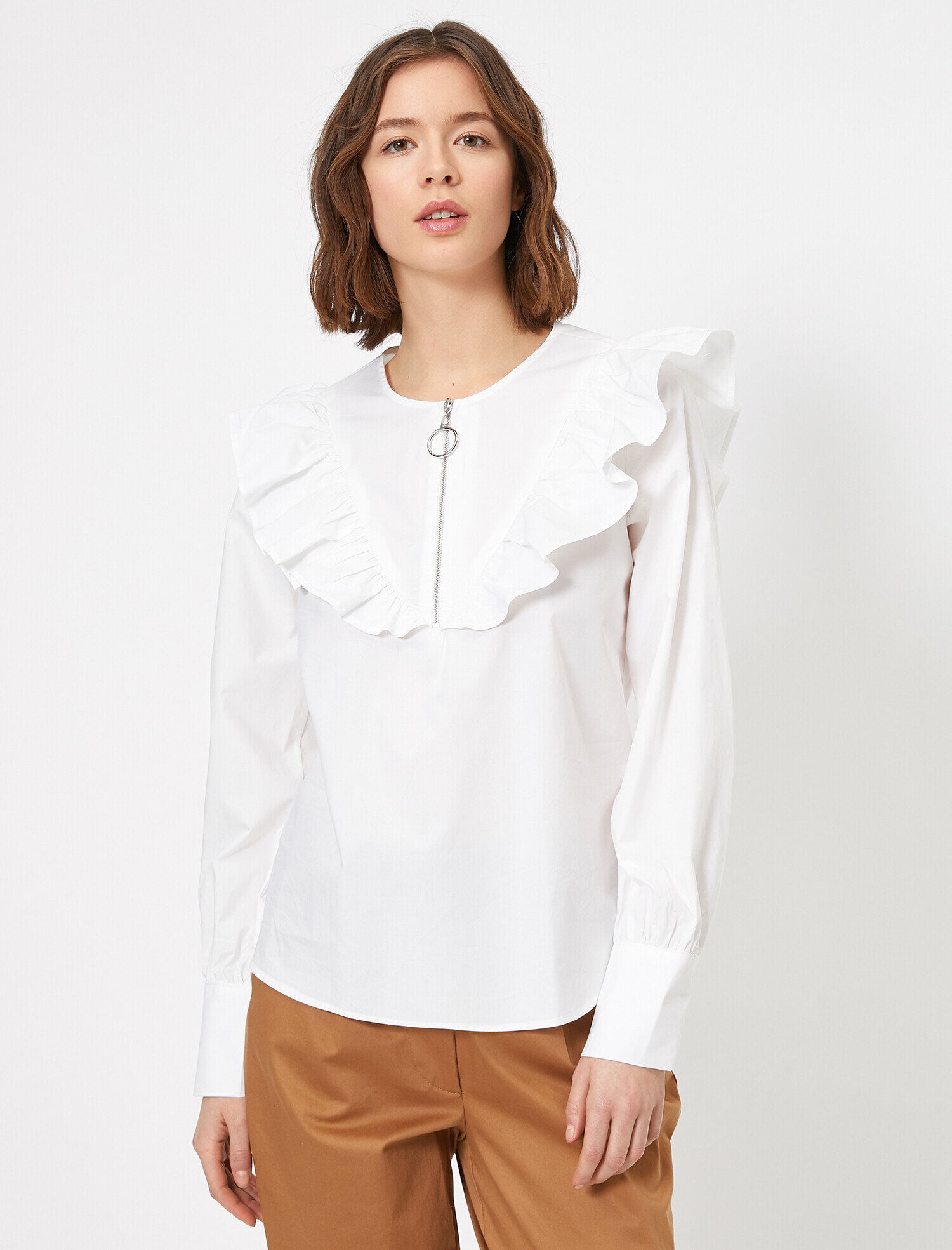 Fermuar Detaylı Volanlı Poplin Bluz