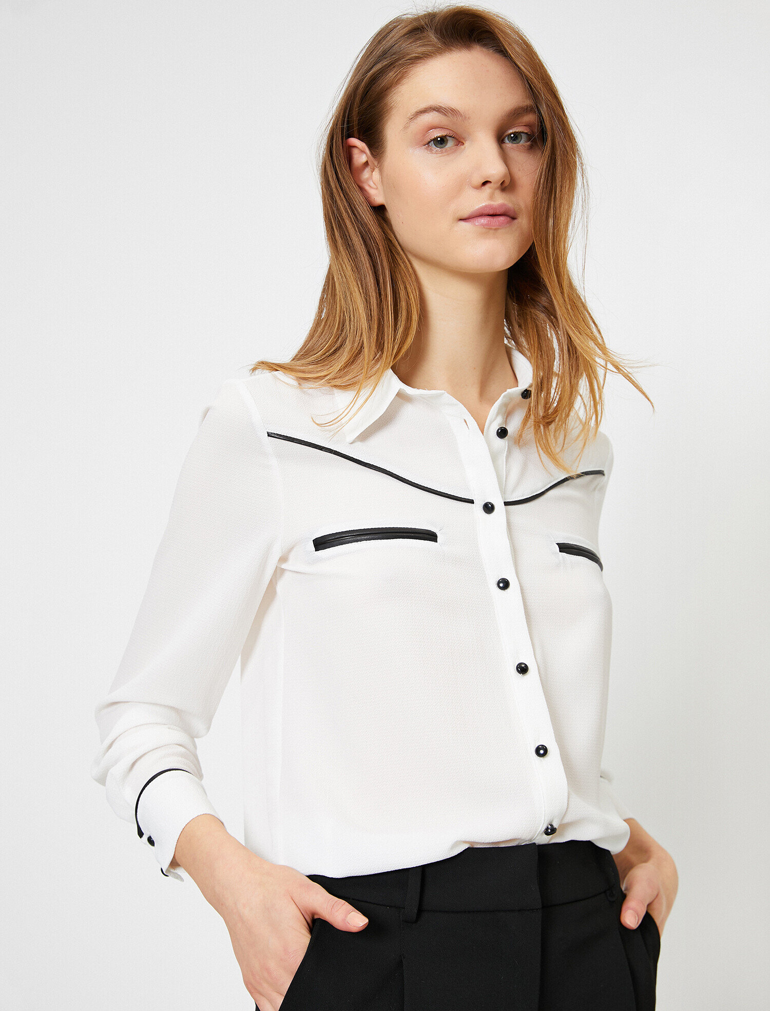   Suni Deri Detaylı Uzun Kollu Gömlek