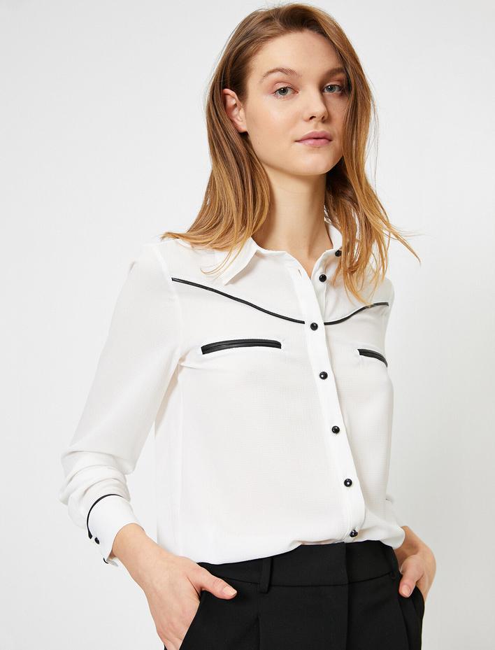  Suni Deri Detaylı Uzun Kollu Gömlek