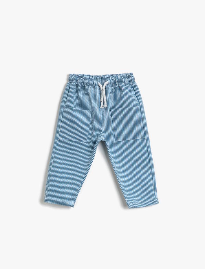 Erkek Bebek Çizgili Pantolon Pamuklu Beli Bağlamalı Cepli