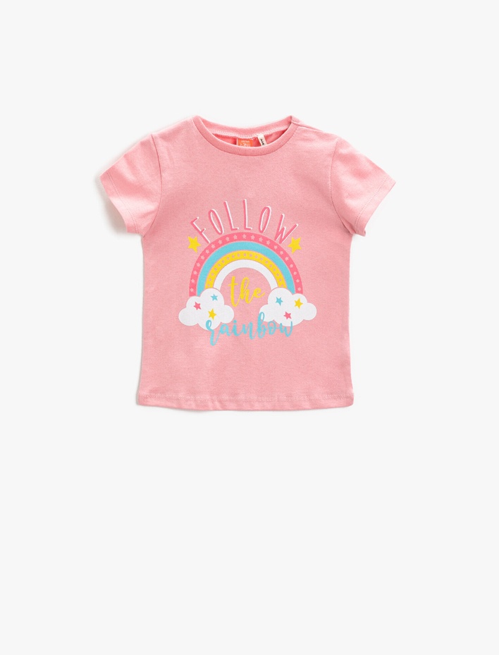 Kız Bebek Baskılı Tişört Pamuklu Kısa Kollu Bisiklet Yaka