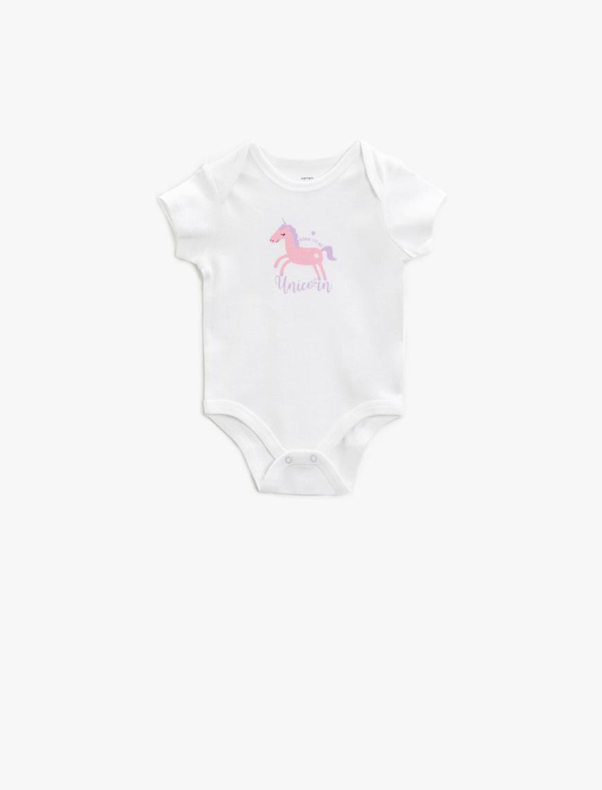  Kız Bebek Baskılı Çıtçıtlı Body Pamuklu Kısa Kollu
