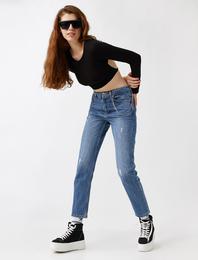 Yüksek Bel Normal Kesim Düz Paça Kot Pantolon - Mom Jean