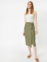 Beli Bağlamalı Yırtmaç Detaylı Midi Etek Keten Karışımlı
