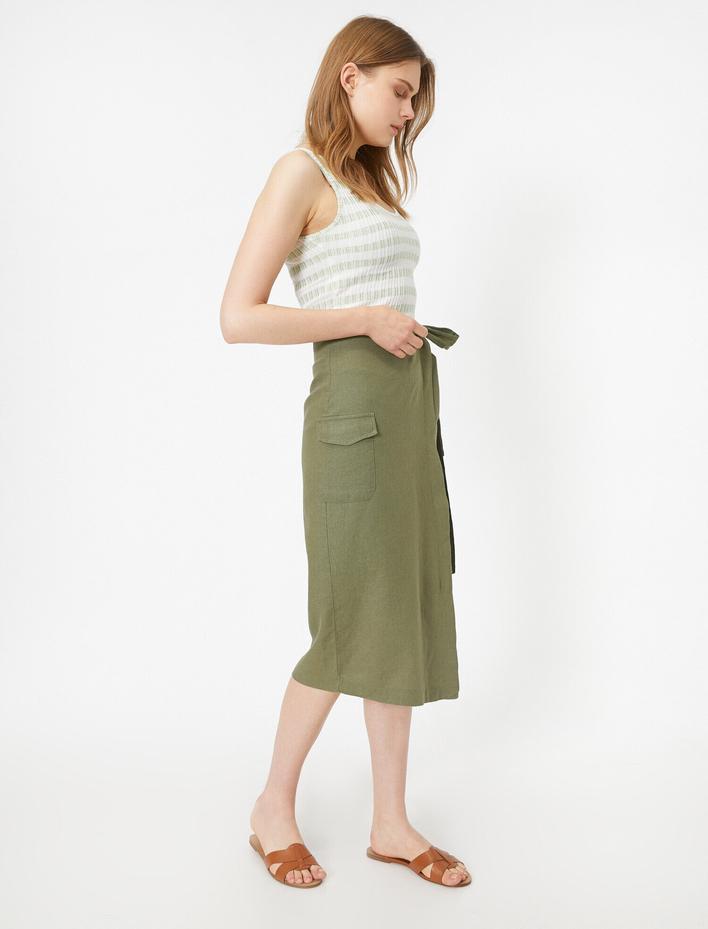  Beli Bağlamalı Yırtmaç Detaylı Midi Etek Keten Karışımlı