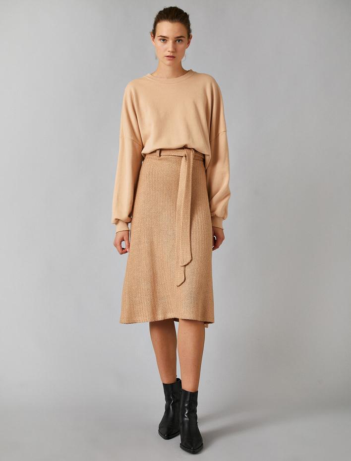  Yüksek Bel Kemerli A Kesim Midi Etek