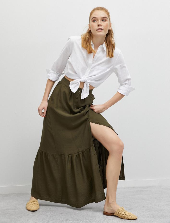  Normal Bel Düğme Detaylı Fırfır Detaylı Uzun Etek