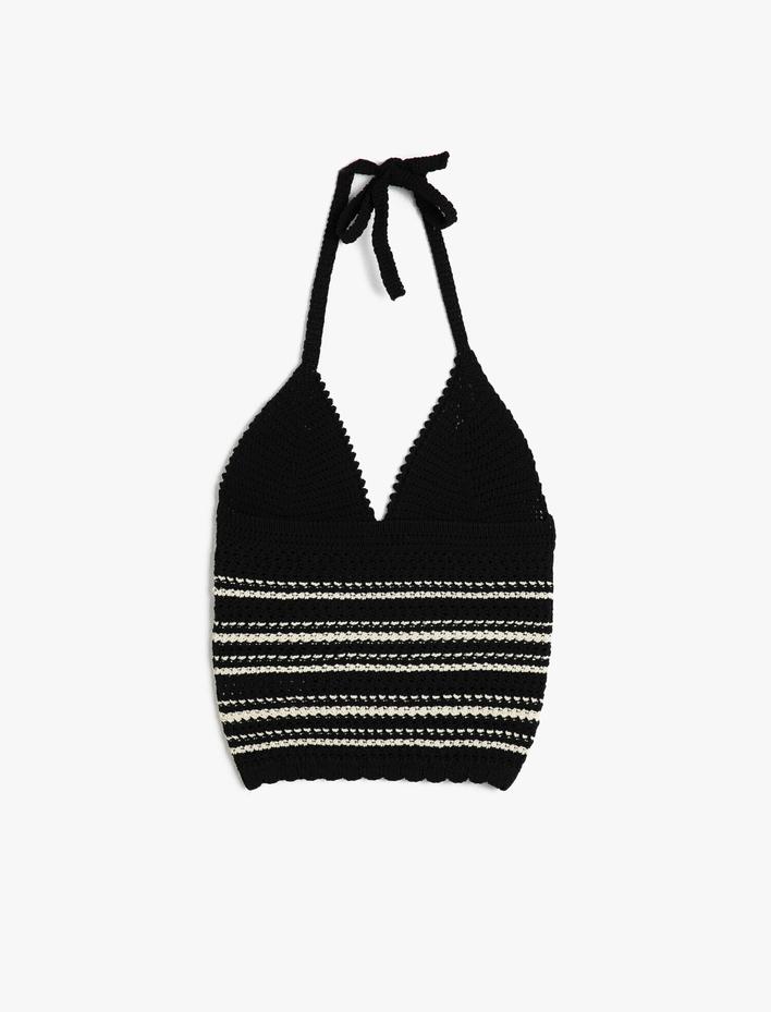  Boyundan Bağlamalı Çizgili Triko Kazak