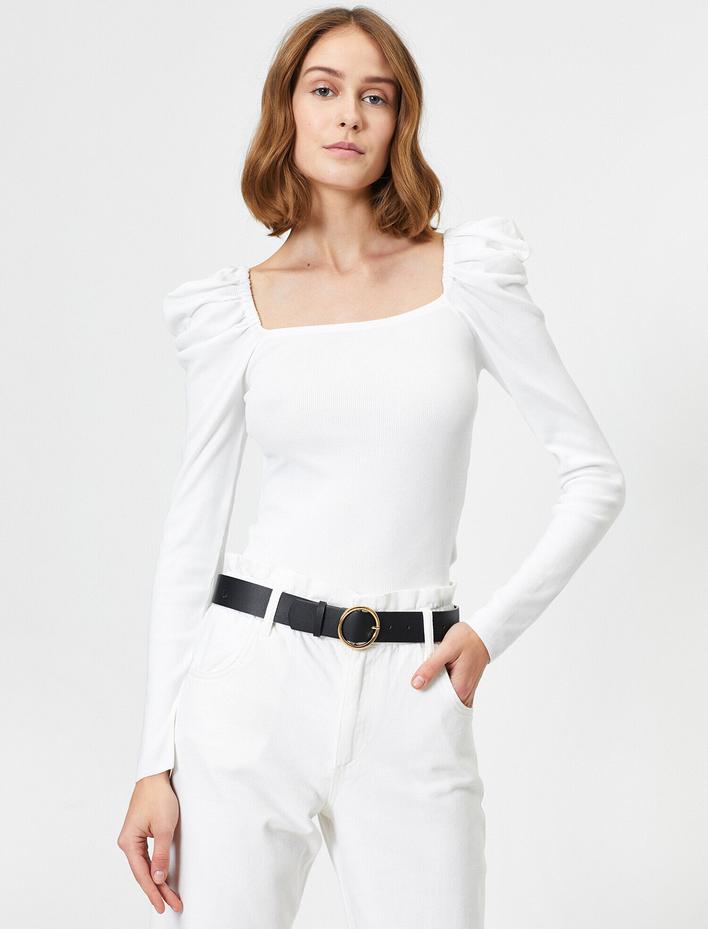  Balon Kol Detaylı Kare Yaka Triko Kazak