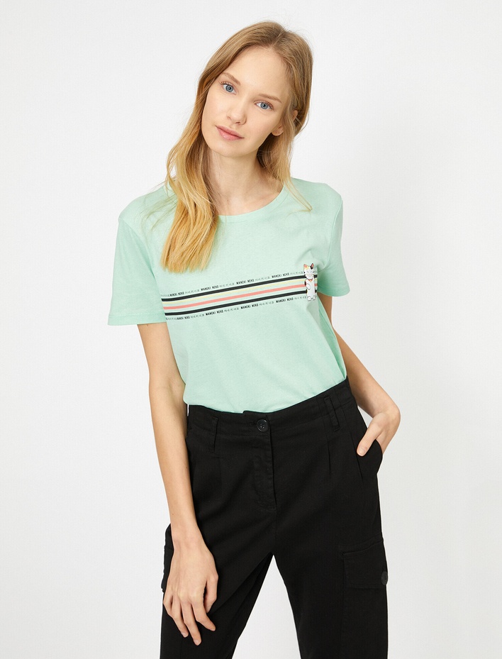  Bisiklet Yaka Baskılı Kısa Kol Tişört