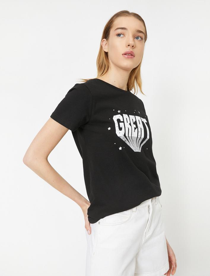  Bisiklet Yaka Baskılı Kısa Kol Tişört