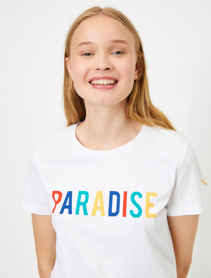  Bisiklet Yaka Yazılı Baskılı Kısa Kollu Tişört