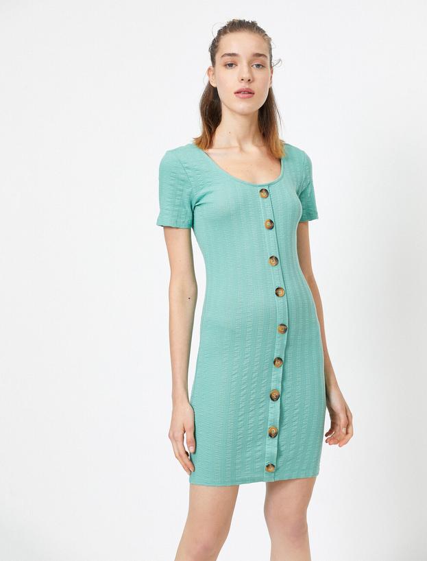  Önü Düğmeli Kısa Kollu Slim Mini Elbise