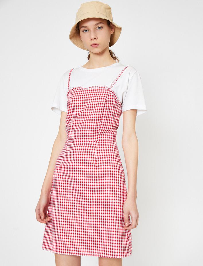  Ekoseli Dar Kesim İnce Askılı Elbise