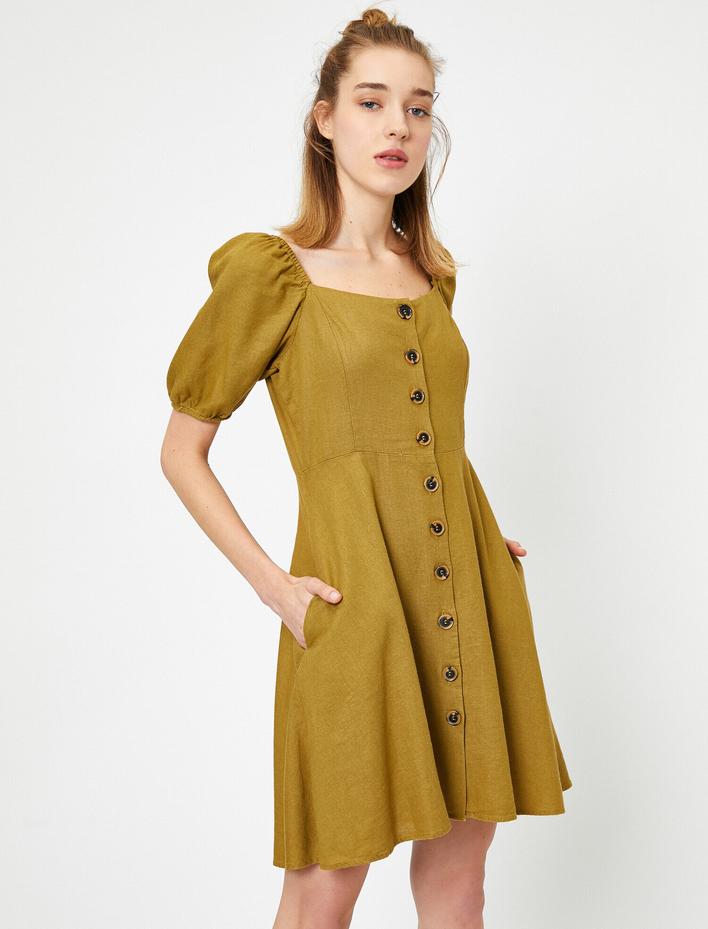  U Yaka Kısa Kollu Düğme Detaylı Midi Keten Elbise