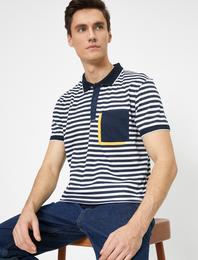 Polo Yaka Cep Detaylı Yatay Çizgili Süprem Kumaş Slim Fit Tişört