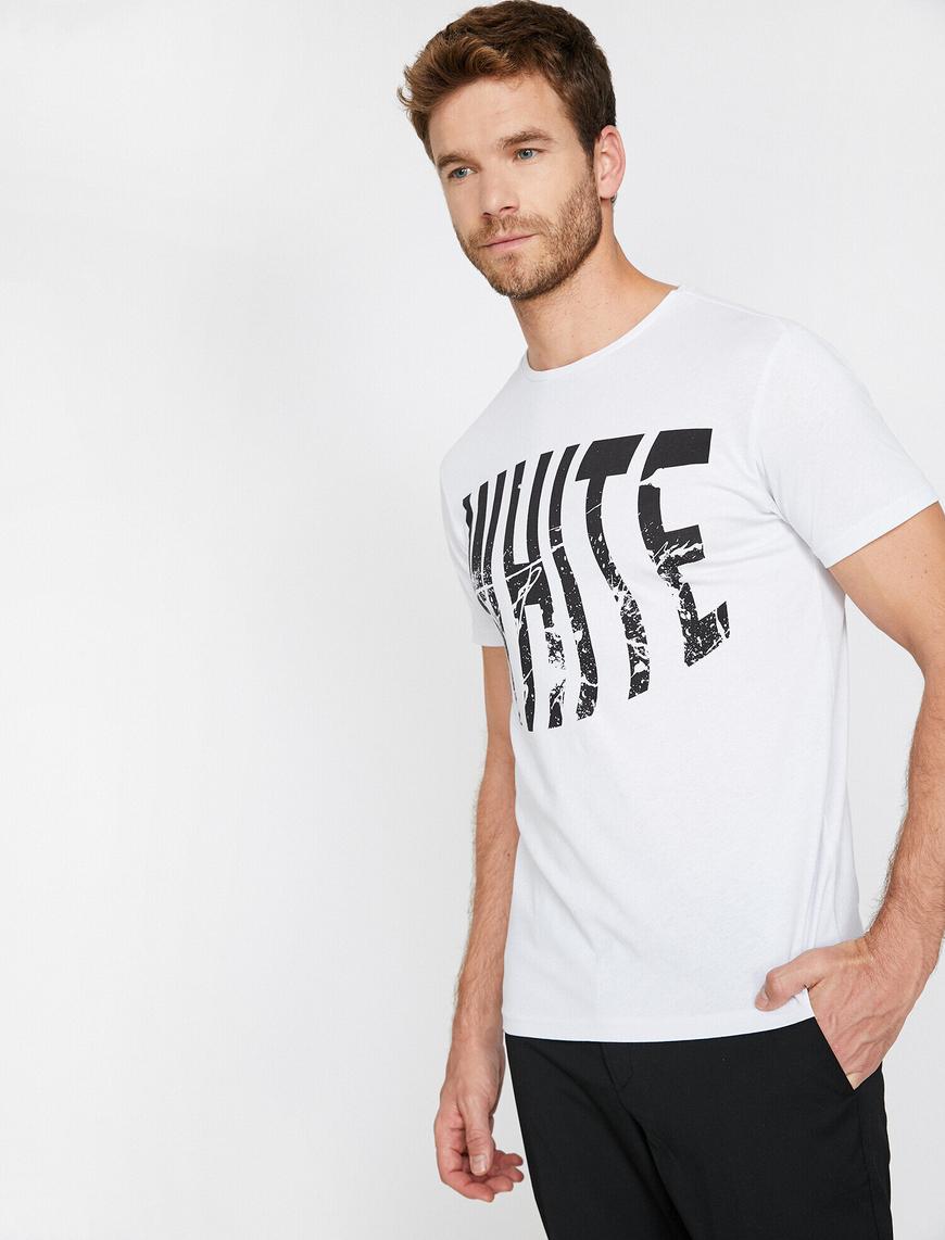   Bisiklet Yaka Eskitme Baskılı Slim Fit Tişört