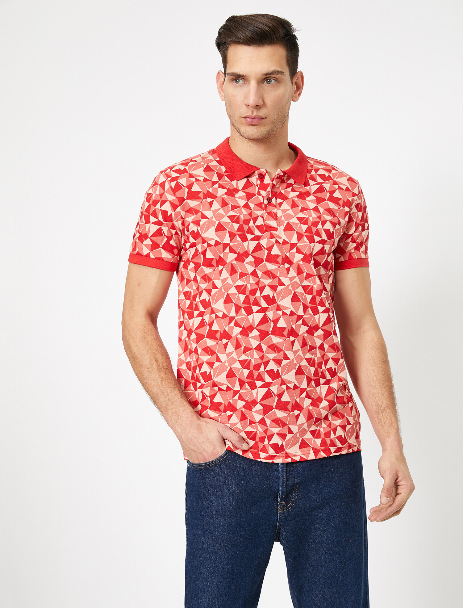 Polo Yaka Geometrik Desenli Pike Kumaş Slim Fit Tişört