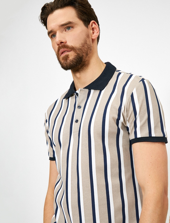  Polo Yaka Dikey Çizgili Pike Kumaş Slim Fit Tişört