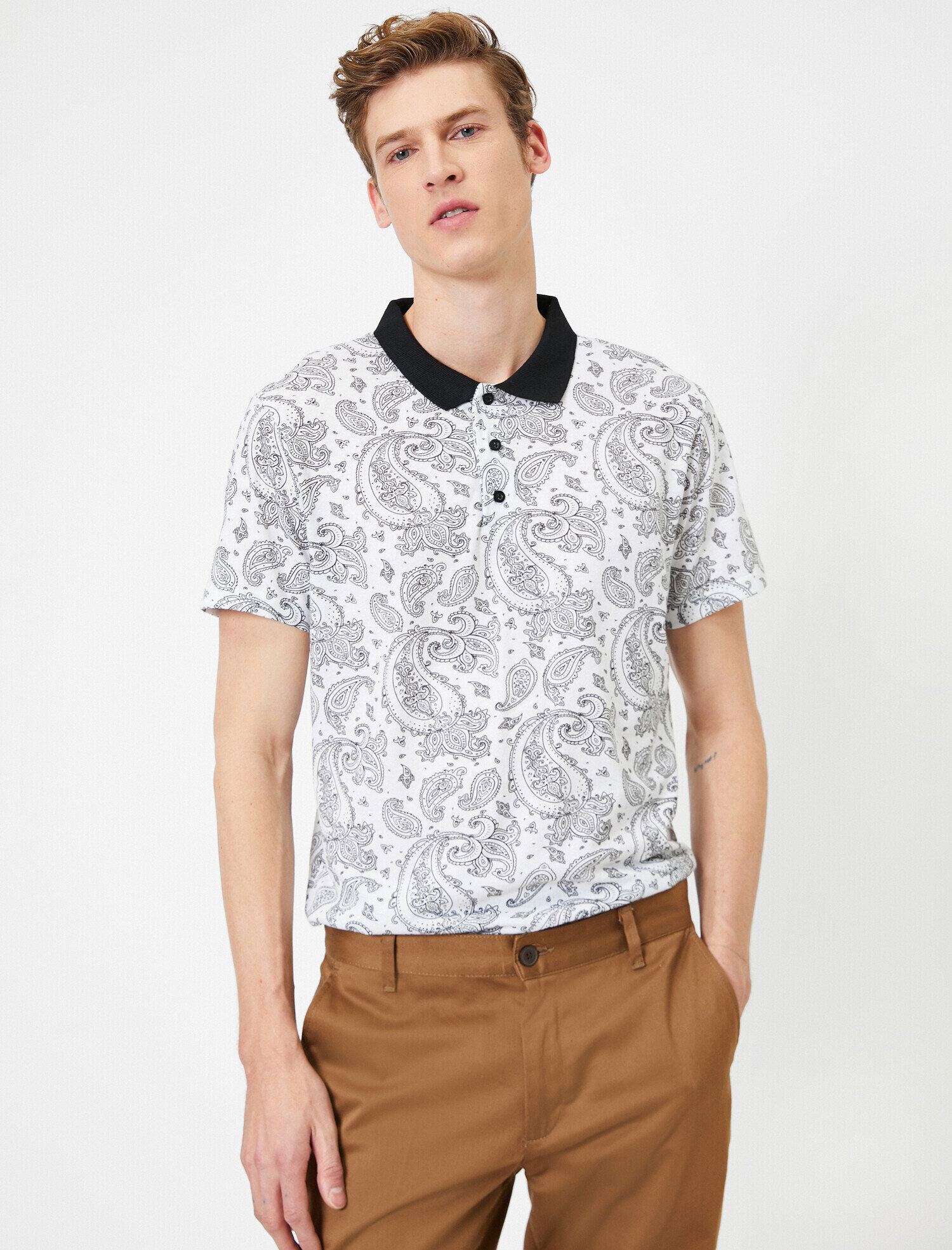   Polo Yaka Şal Desenli Kontrast Yaka Süprem Kumaş Slim Fit Tişört