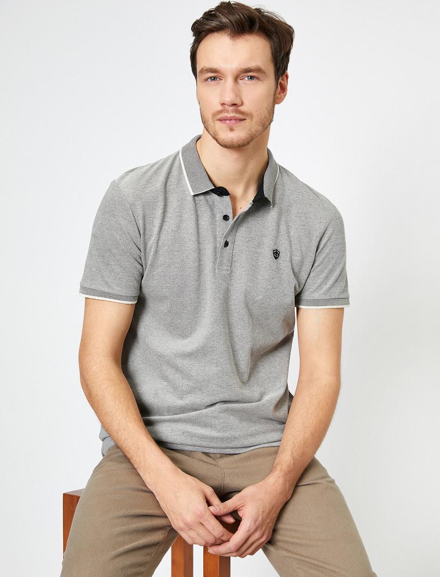   Polo Yaka İşleme Detaylı Desenli Kumaş Slim Fit Tişört