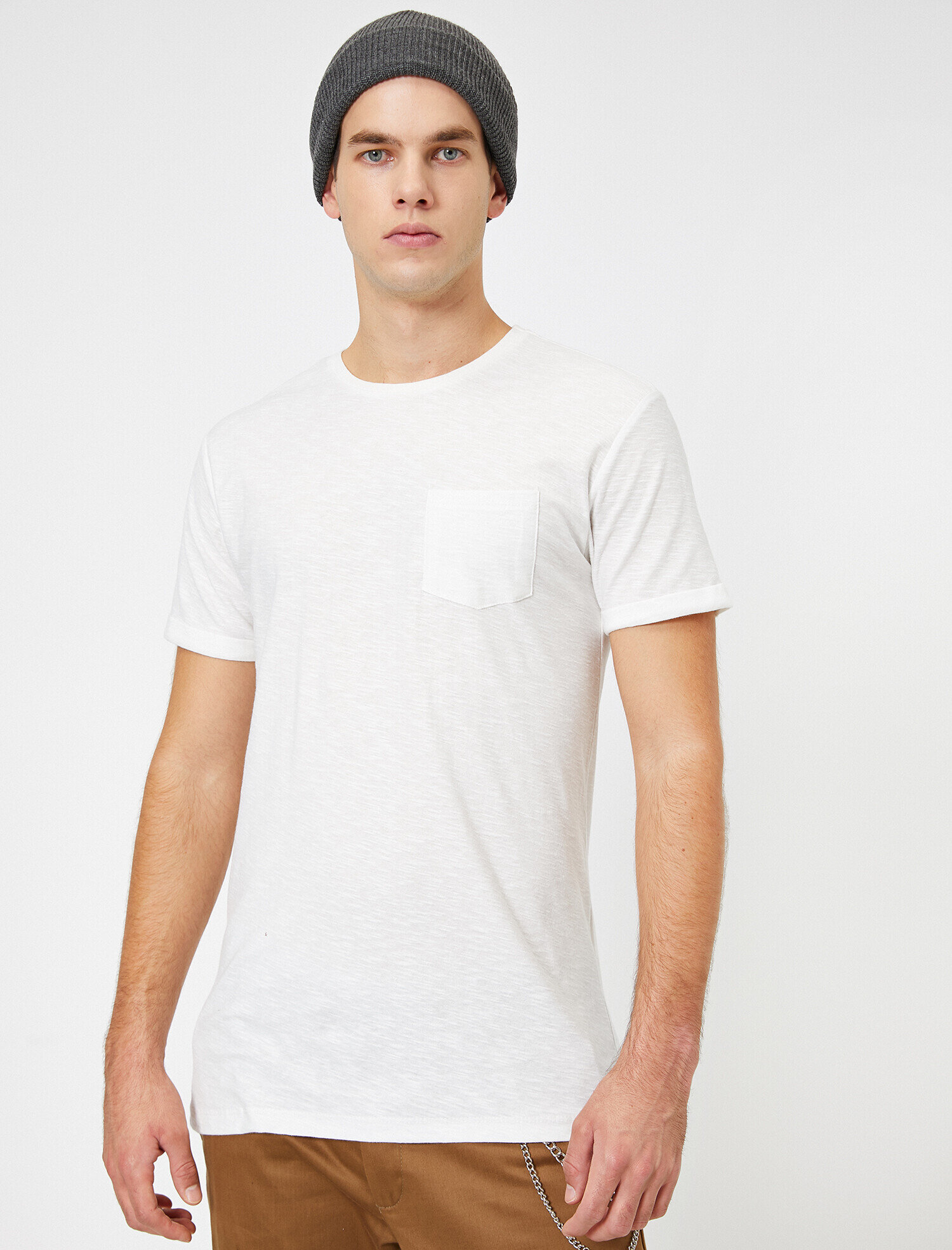   Bisiklet Yaka Cep Detaylı Flamlı Kumaş Dar Kesim Basic Tişört