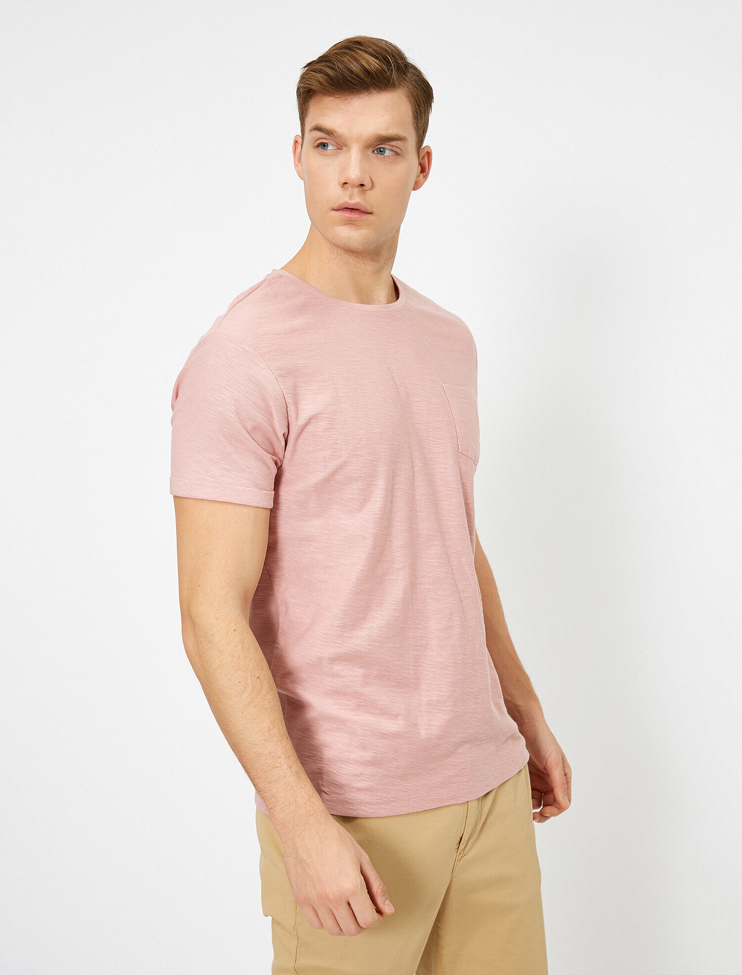   Bisiklet Yaka Cep Detaylı Flamlı Kumaş Dar Kesim Basic Tişört