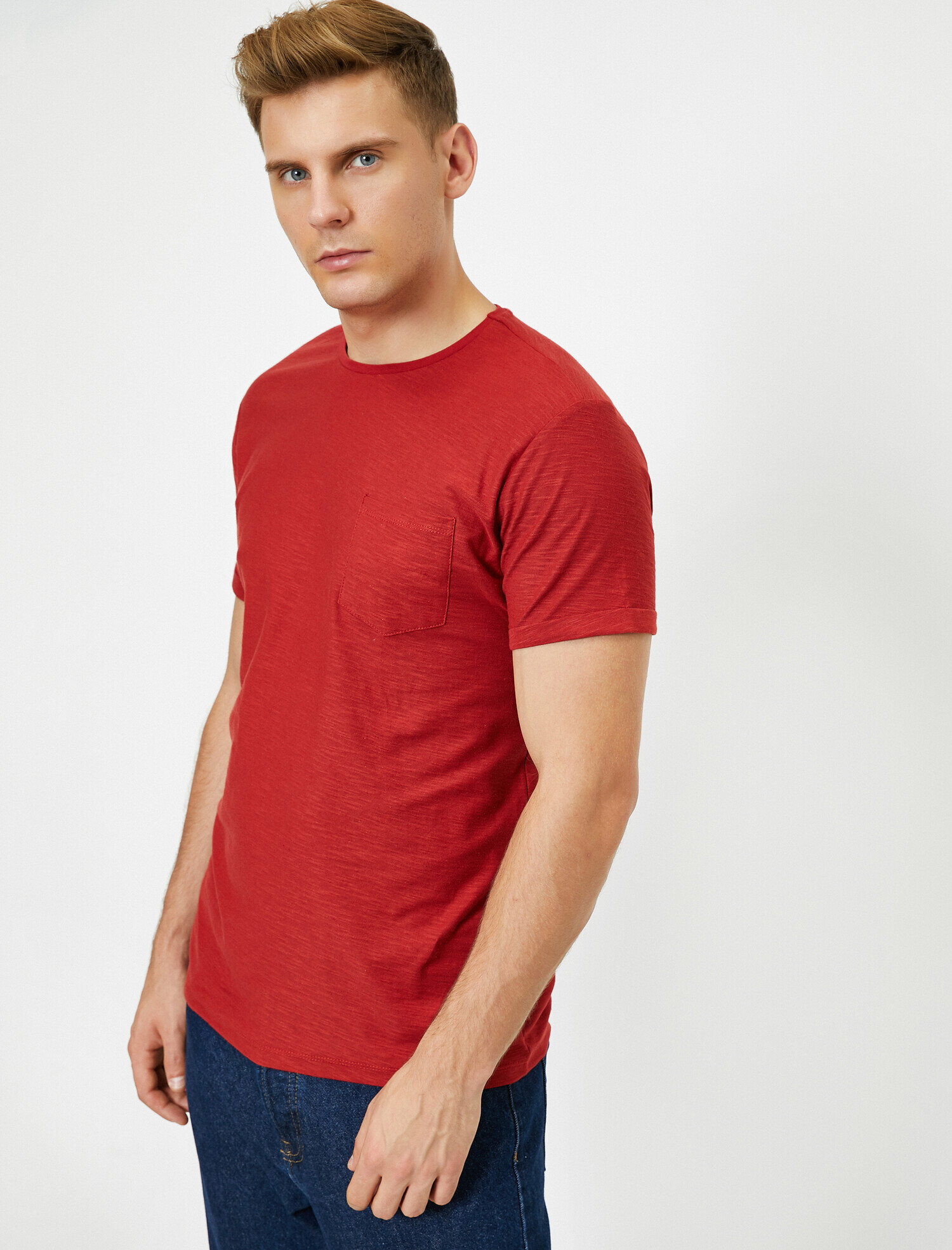   Bisiklet Yaka Cep Detaylı Flamlı Kumaş Dar Kesim Basic Tişört