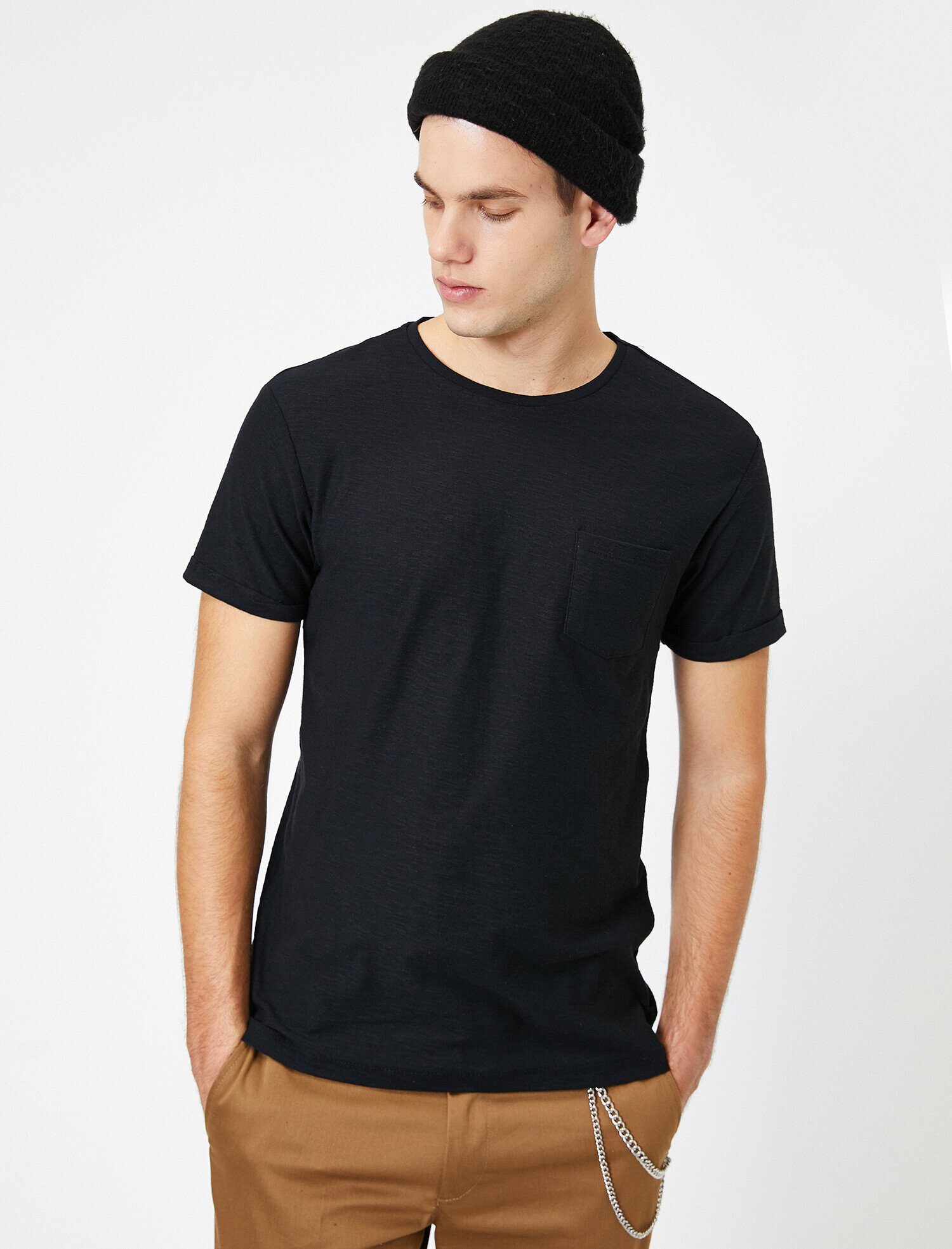   Bisiklet Yaka Cep Detaylı Flamlı Kumaş Dar Kesim Basic Tişört