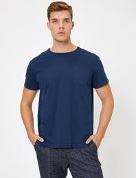 Bisiklet Yaka Çizgili Desenli Cep Detaylı Slim Fit Tişört