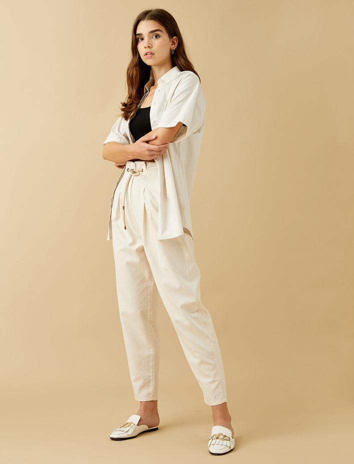  Keten Pantolon Belden Bağlamalı