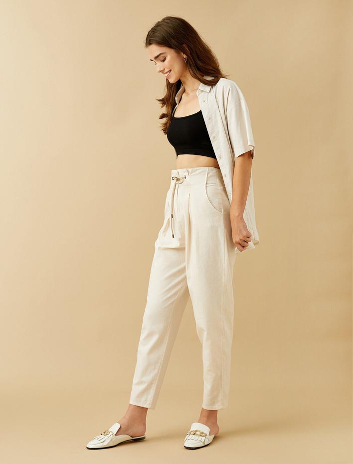  Keten Pantolon Belden Bağlamalı