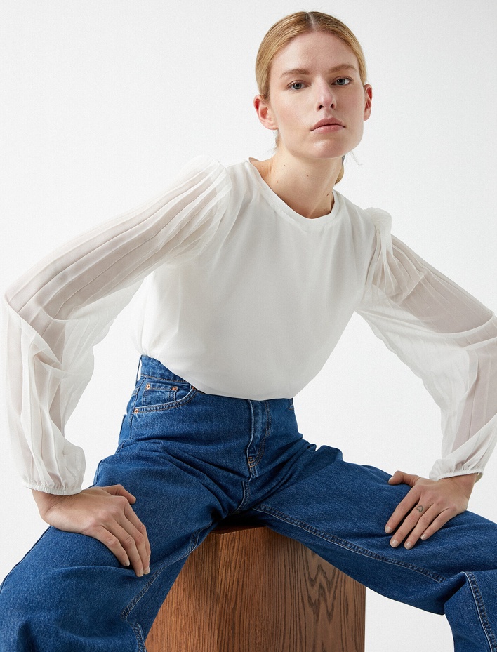  Tül Detaylı Bluz Bisiklet Yaka Uzun Kollu