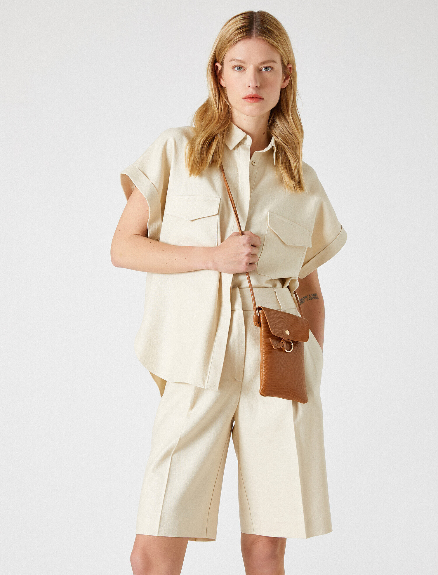   Kısa Kollu Gömlek Cepli Keten