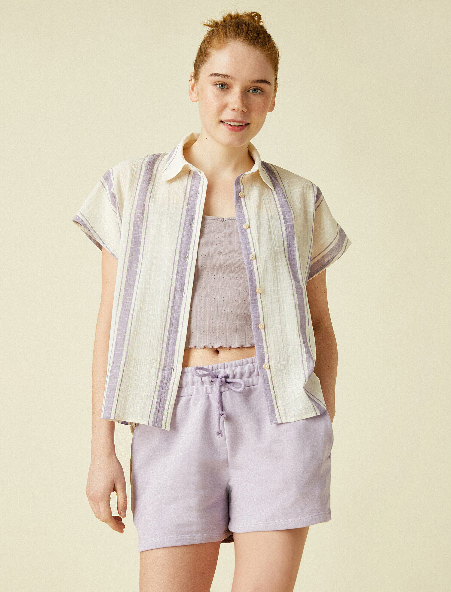   Kısa Kollu Gömlek Çizgili Pamuklu