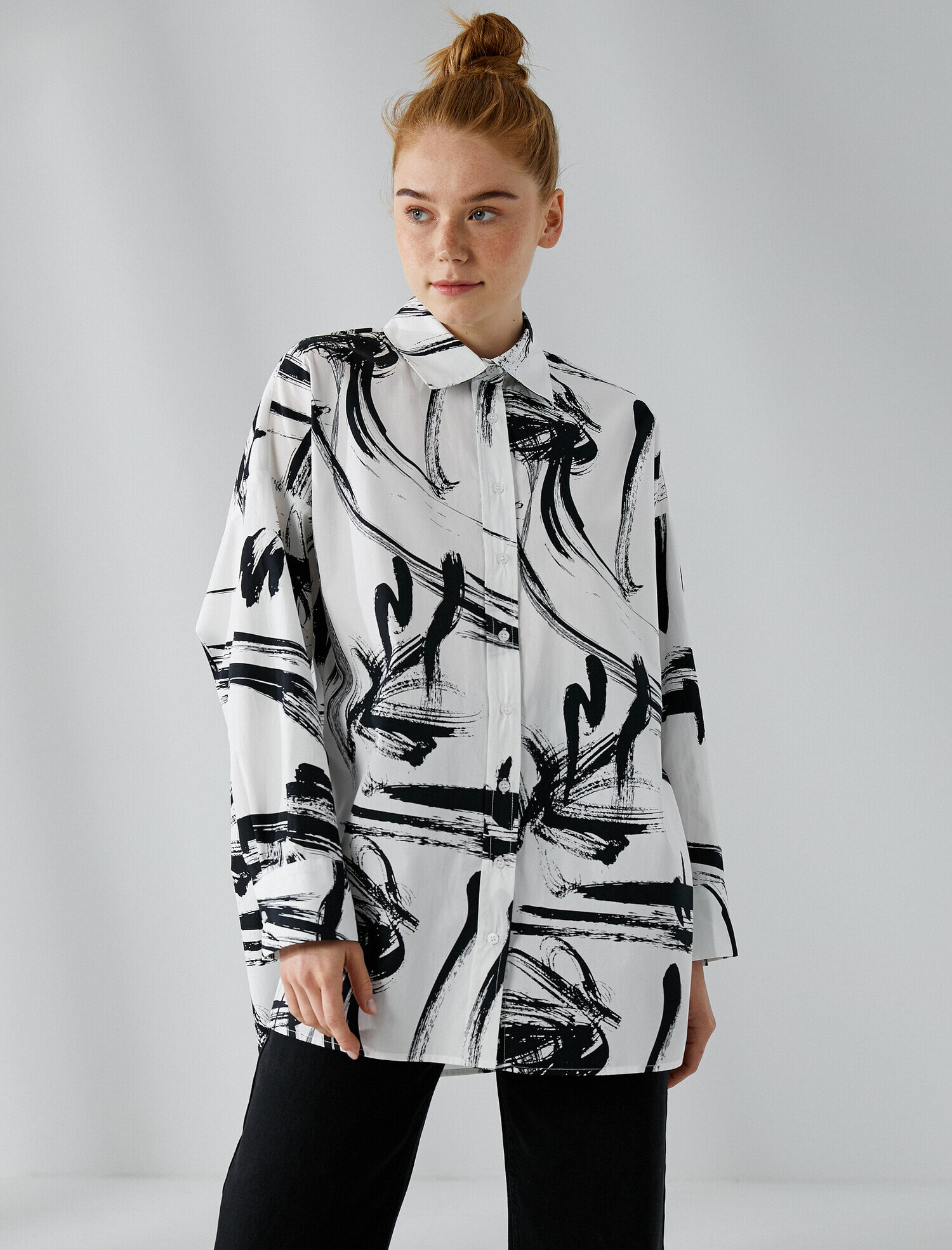   Gömlek Yaka Tunik Desenli Pamuklu Oversize
