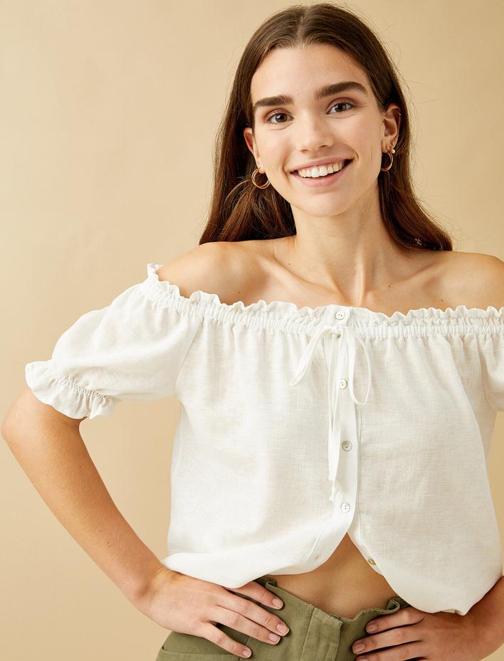  Omuz Açık Gömlek Kısa Kollu Fırfırlı Keten Karışımlı