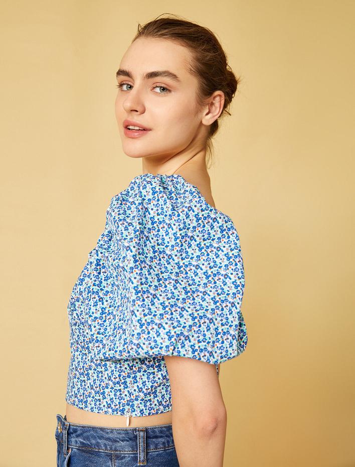  Çiçekli Bluz Kısa Kollu Pamuklu