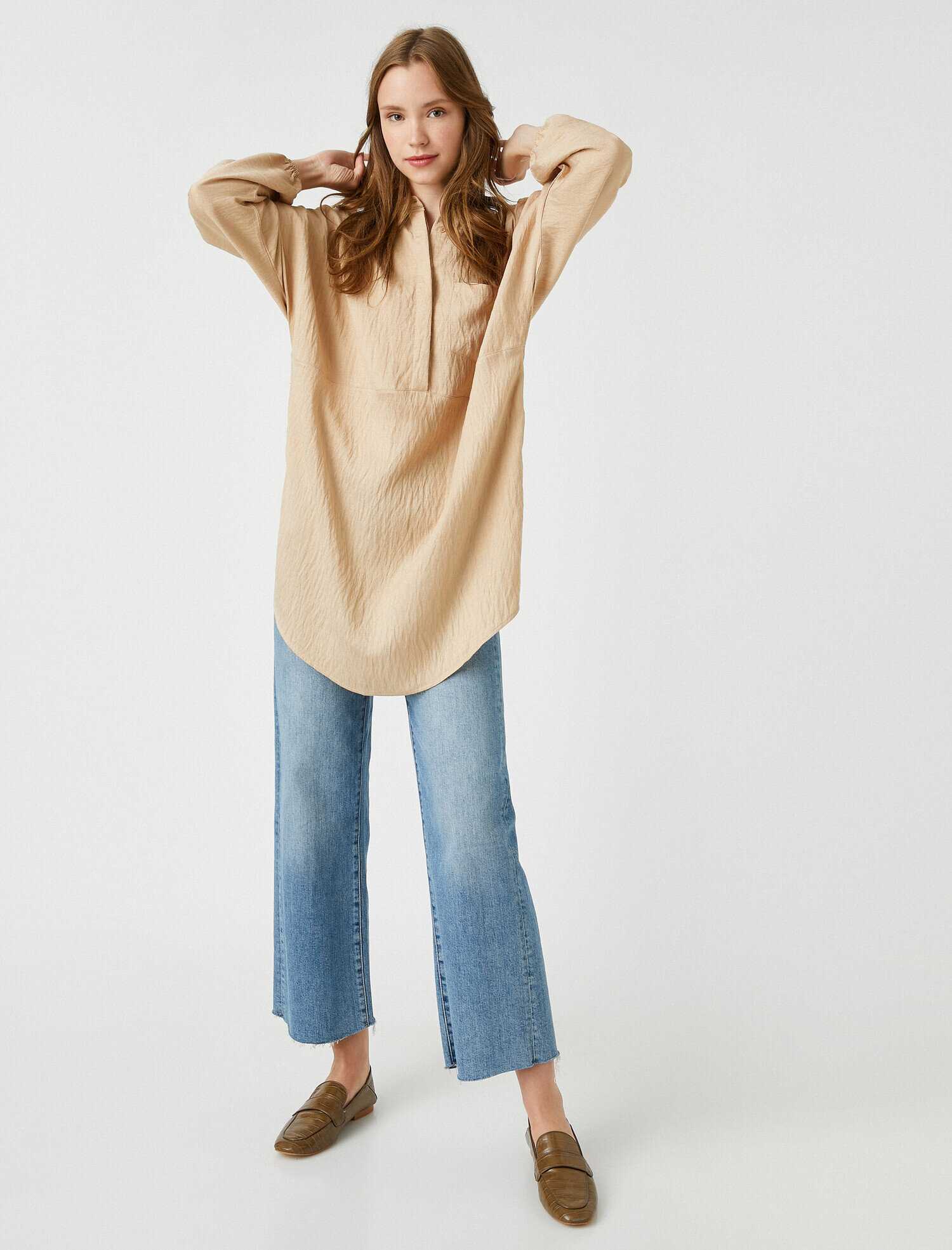   Gömlek Yaka Tunik Düğmeli 3/4 Kol Oversize