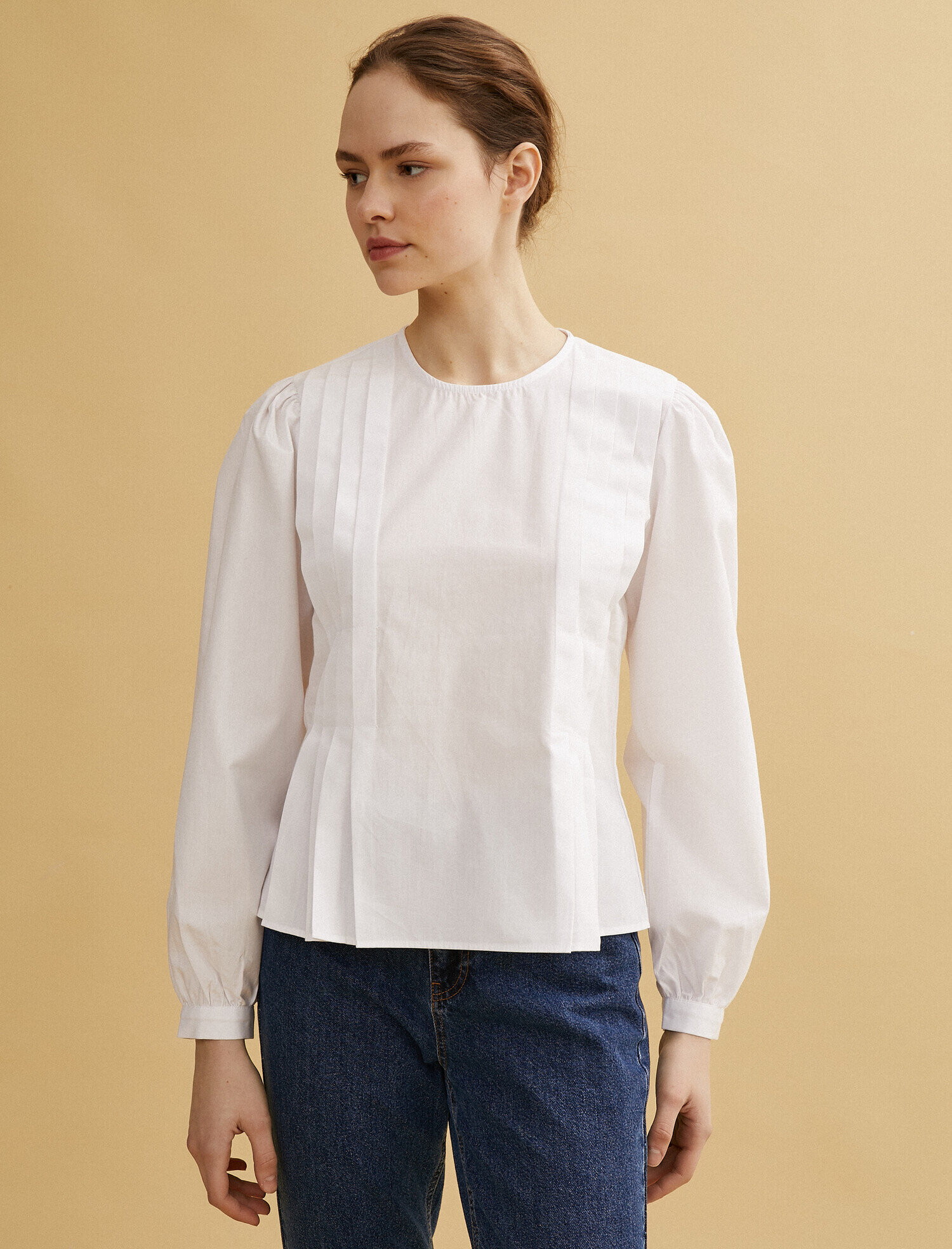   Poplin Bluz Bisiklet Yaka Uzun Kollu Pamuklu