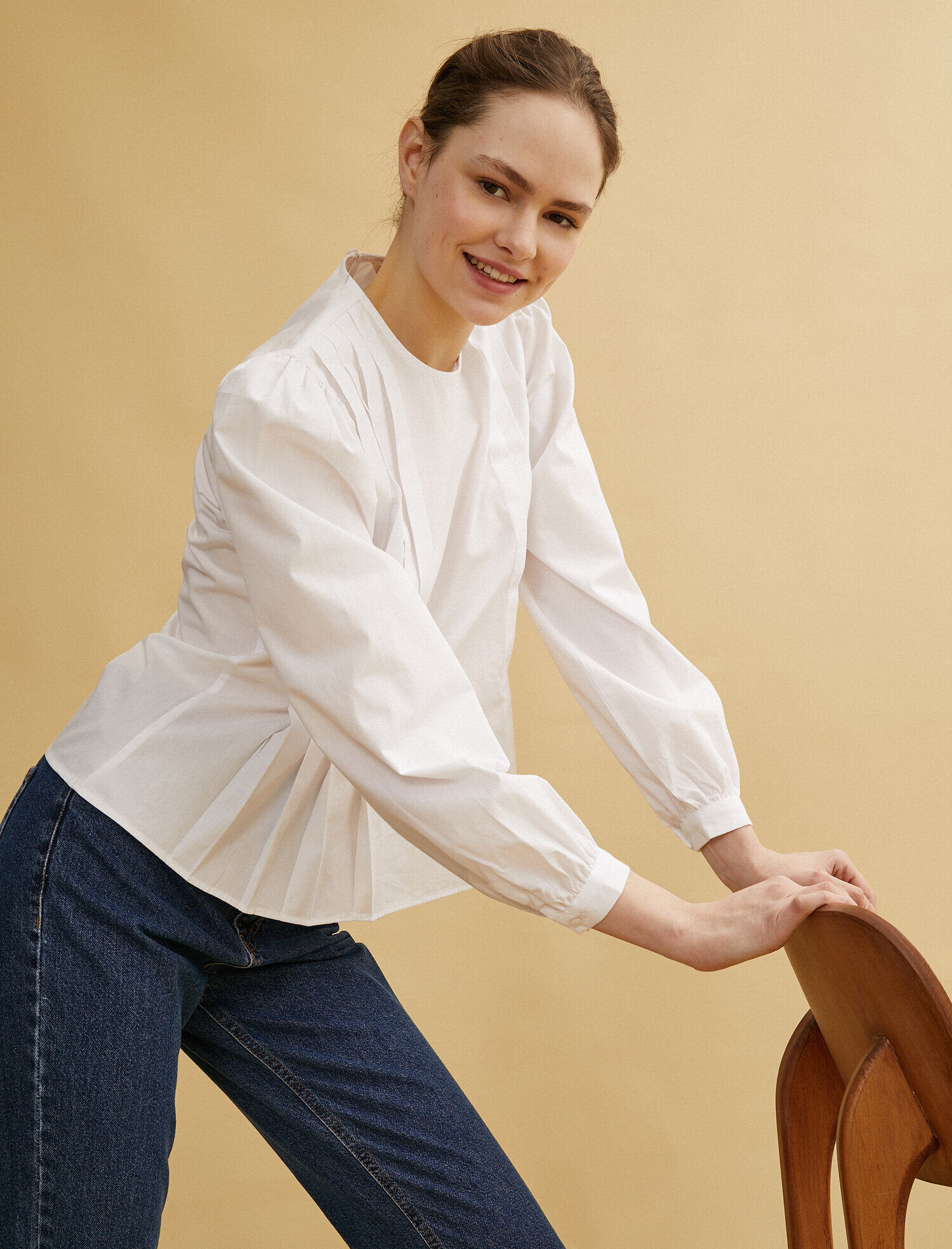   Poplin Bluz Bisiklet Yaka Uzun Kollu Pamuklu