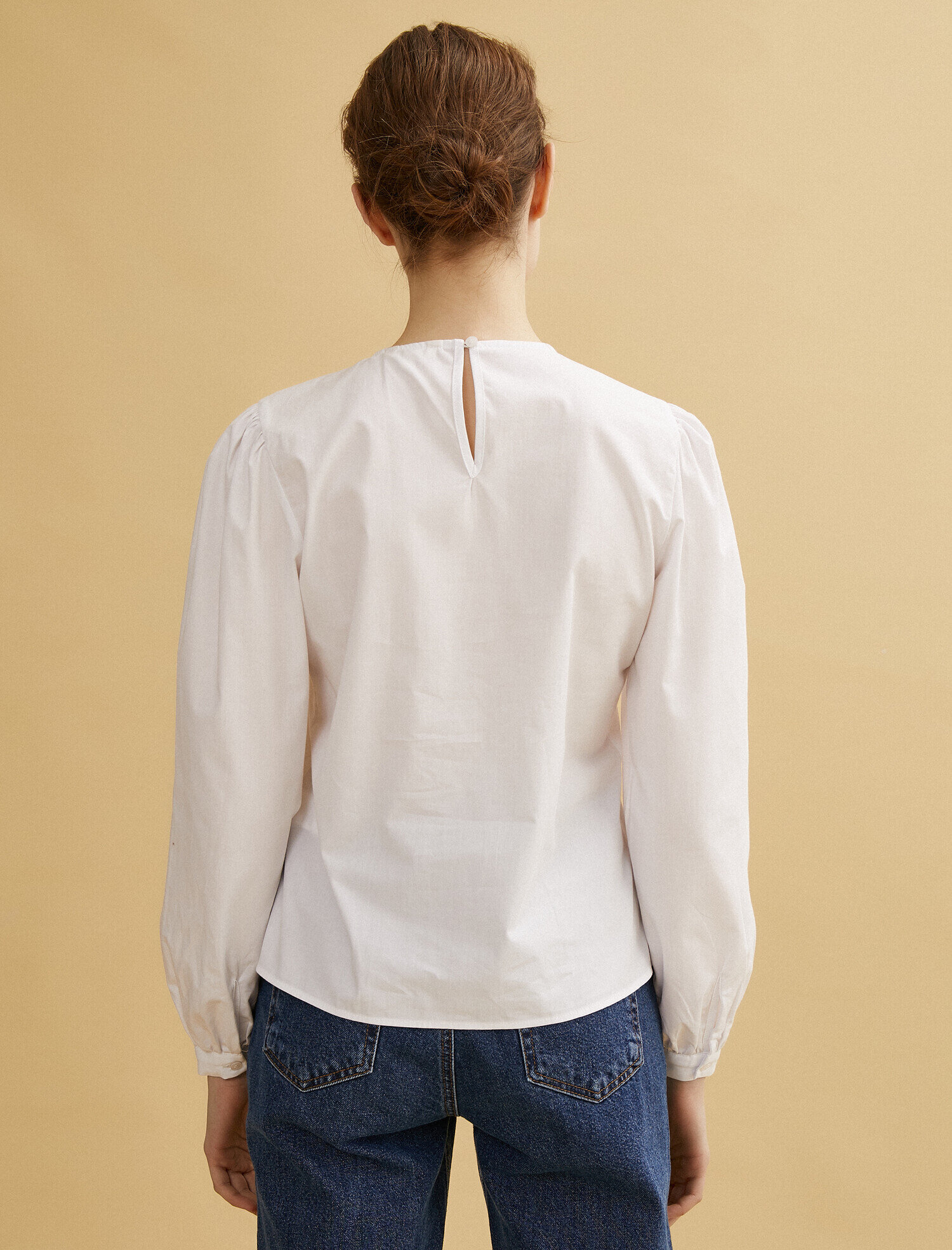   Poplin Bluz Bisiklet Yaka Uzun Kollu Pamuklu