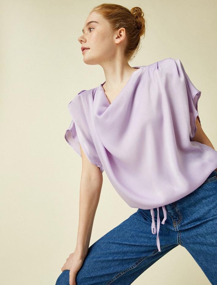  Vatkalı Bluz Drapeli Kısa Kollu