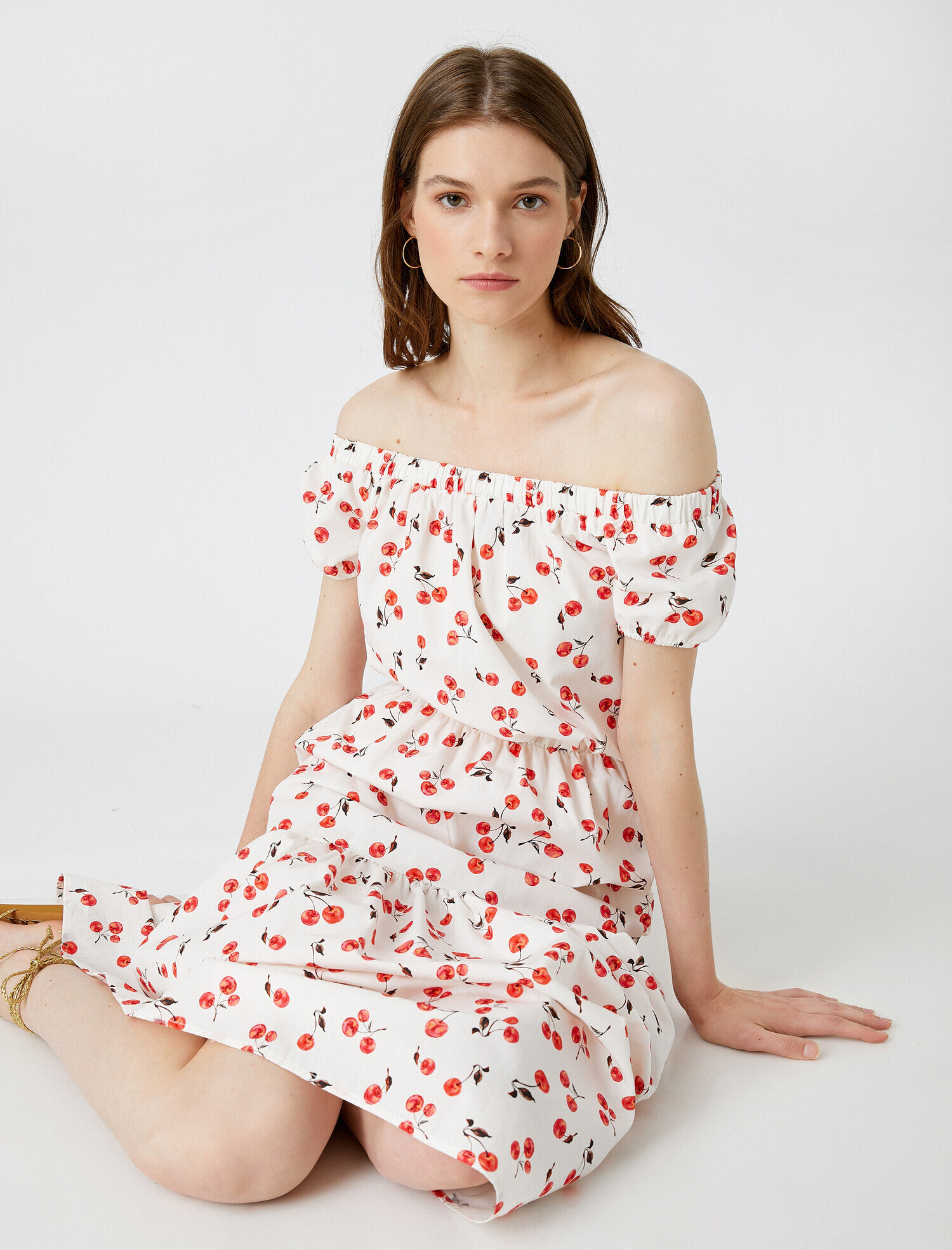   Desenli Elbise Omuz Açık Pamuklu