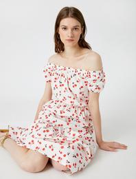 Desenli Elbise Omuz Açık Pamuklu